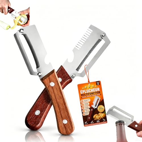 5 en 1 Éplucheur de légumes multifonction pour la cuisine avec lame en acier inoxydable ultra-aiguisée et manche en bois ergonomique, Décapsuleur,...