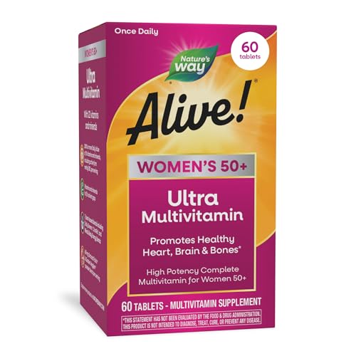 Nature’s Way Alive! Ultra Potency Multivitamin for Women 50 Plus, Complete High Potency Formula with Vitamin D3, C, E, Methylated B12, Supports, Heart, Brain, and Bone Health*, 60 Tablets