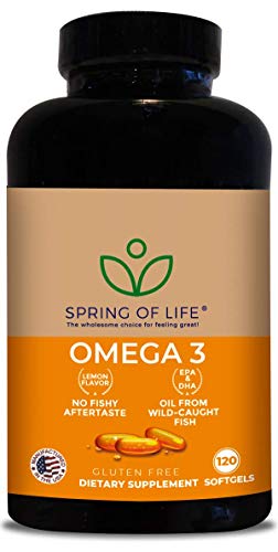 Spring of Life Premium Omega 3 Softgels with EPA & DHA, No Fish burps! 120 Soft Gel Capsules with Natural Lemon Flavor