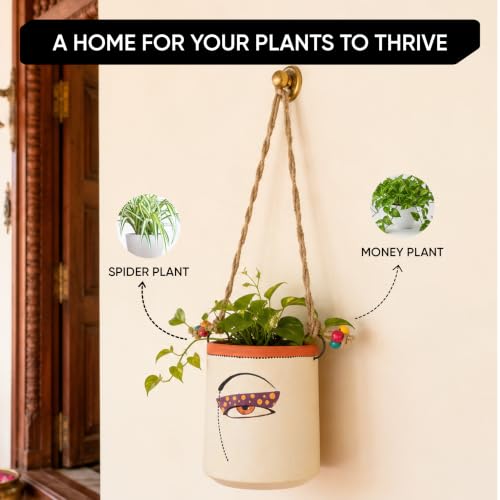 Image of AAKRITI ART CREATIONS Terracotta Hanging Planter | Handmade Boho Wall Basket Design with Rope, Modern Art, White Matte Finish | Decorative Hanging Pot for Indoor & Outdoor Home Decor