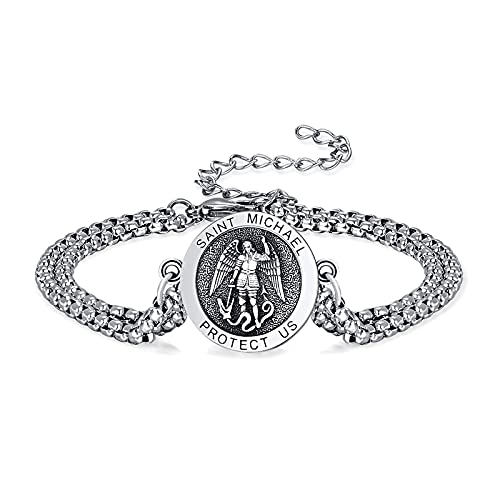 KINGWHYTE St Michael/St Christopher Bracelet Sterling Silver Men Adjustable Bracelet Religious Protection Jewelry Amulet Gift for Men Women with 7+2 Inch Stainless Steel Chain
