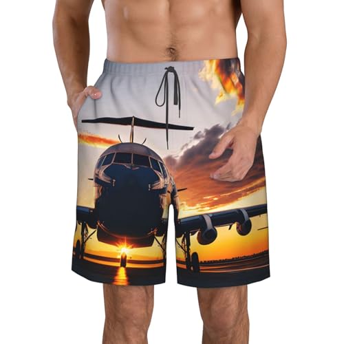 Aircraft Plane At Sunset Print - Pantalones cortos de playa para hombre, para verano, vacaciones, piscina, viajes, al aire libre, entrenamiento acuático, blanco, 3XL corto