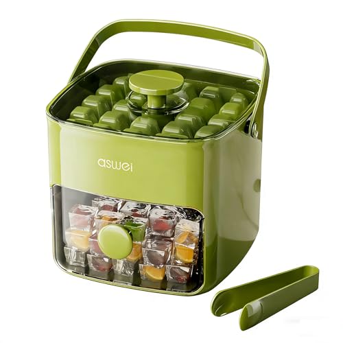 Compact Ice Cube Tray with Lid and Bin, Mini Press-Type Ice Cube Maker for Freezer, Space-Saving Small Ice Bucket with Tongs for RV, Office, Mini Ice Cube Trays & Water Bottles, BPA-Free (Green)
