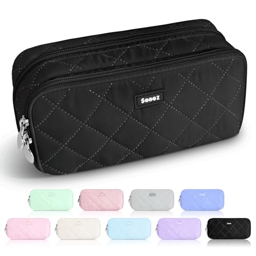 Sooez Large Pencil Case Pouch, Extra Big Pencil Bag with 8 Compartments, Pen Bag Wide Opening, Soft Quilted Pencil Pouch Organizer with Zipper, Portable Pencil Case for Teen Girls, Black