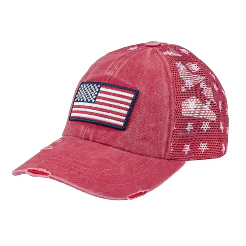 C.C Womens Criss-Cross Ponytail Baseball Cap Embroidered Cotton Front American Flag Mesh Back Adjustable Velcro (US Alpha One Size Flag-Red)