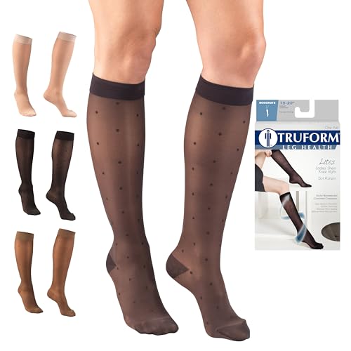 Image of Truform Sheer Compression Stockings, 15-20 mmHg, Women's Knee High Length, Dot Pattern, Charcoal, X-Large