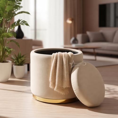 Image of Velvet Round Single Strip Ottoman Office Stool Foot Rest Stool Velvet Fabric Padded Seat Pouf Ottoman 13 X 13X 16 inch, in Round Shape for Living Room Cream