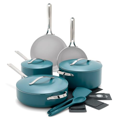 GreenPan Nova Healthy Ceramic Nonstick 10-Piece Cookware Pots and Pans Set, PFAS & PFOA-Free, Frying Pans, Saute, Stockpot, Utensils, Lids, Induction Suitable,Dishwasher, Oven & Broiler Safe,Deep Teal