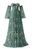 Basgute Flower Embroidery Tulle Puffy Sleeve Prom Dresses Long A Line Fairy Maxi Formal Evening Party Gowns for Women, Long-peacock, 26 Plus