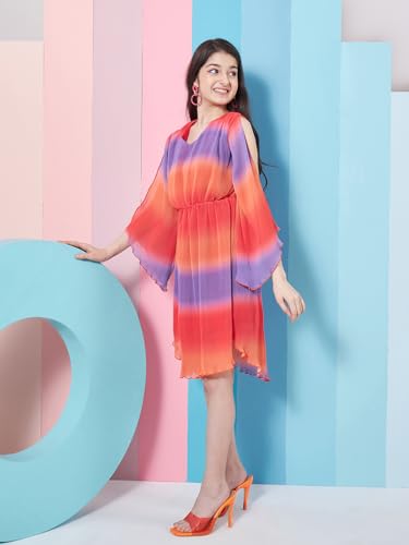 Pspeaches Girl's V-Neck Tie And Dye Striped Flared Sleeve Fit Flare Dress Orange Colortrendy Stylish Outfit (14-15Years)
