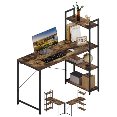 Klihome Mesa com prateleira de 4 níveis, mesa de trabalho com prateleiras laterais, mesa de secretária de canto, mesa de computador para estudo ou escritório, 120 x 50 x 120 cm, castanho rústico +