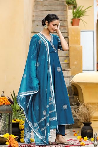 Image of GoSriKi Women's Cotton Blend Printed Anarkali Kurta with Pant & Dupatta | Ethnic Wear for Women | Indian Casual Office Daily Summer Outfit