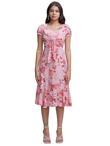 Image of Tokyo Talkies Womens Elegant Floral A-Line Dress | Long Puff Sleeves & Ruffle Hem for A Feminine Touch | Bow Tie Up | Dress for Women | Women Dress | Stylish Women Dress