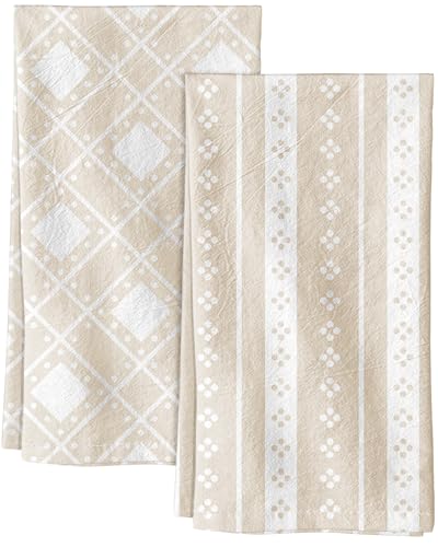 Image of Miss Adola 2 Pack Flour Sack Kitchen Towels - 16x26 Inch Cotton Dish Towels with Hanging Loop Reusable Geometric Boho Modern Tea Towel Absorbent Dishcloths Home Decor, Beige Bohemia