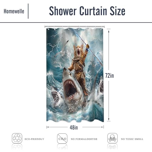 Image of Funny Cat Riding Shark Shower Curtain Ocean Surfing 48Wx72H Inch Decor | Kids Cool Hilarious Beach Sea Waves Lightning Blue Sky Waterproof Polyester Fabric Bathroom 12 Hooks
