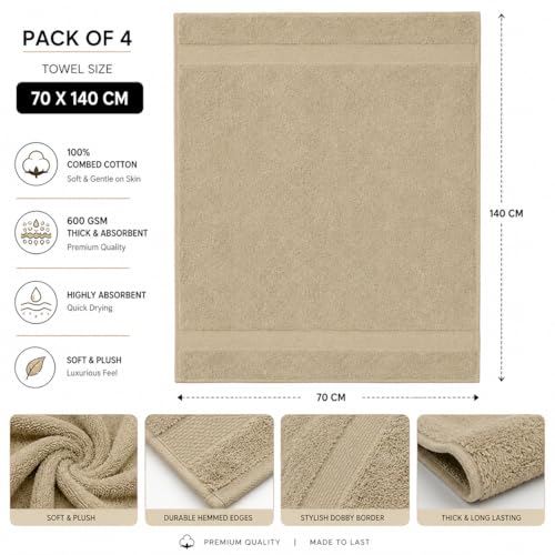 Image of Sulfar 100% Combed Cotton, Quick Drying Highly Absorbent, Luxury Hand Towel Set (Pack of 4, 40 X 70 cm) Beige