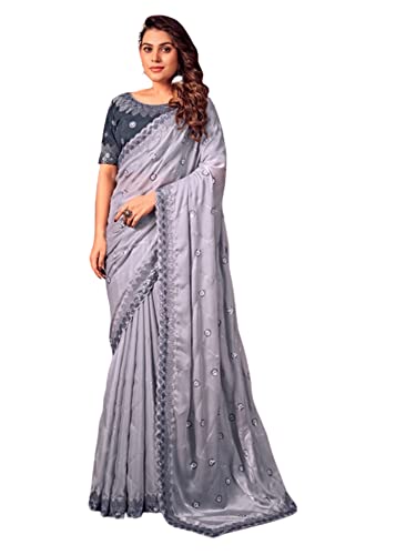 Sari indien de mariage en soie brillante grise avec chemisier cocktail raffiné