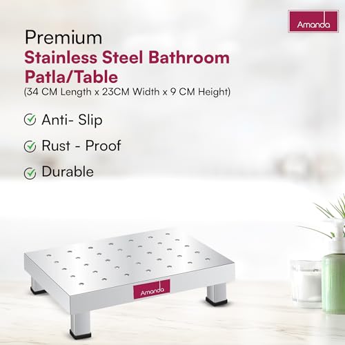 Image of Amanda Stainless Steel Patla /Table for Bathroom, Kitchen, and Outdoor Use Multipurpose Stool (34 x 23 x 9 cm) | Durable, Anti-Slip, Rust-Proof Design for Home, Garden & Office | Strong & Long-Lasting