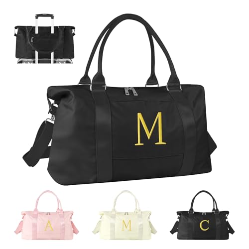 Personalized Initial Gym Dance Bag, Travel Duffel Bag for Teen Girls, Carry On Bag Overnight Weekender Bag with Trolley Sleeve, Birthday Gifts for Women Mom Daughter Graduation Gift(Letter M, Black)