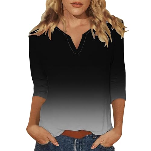 Haut à manches 3/4 pour femme Y2K - Imprimé floral - Col en V cranté - Léger et respirant - Pour le travail, le pub ou la randonnée, Noir , S