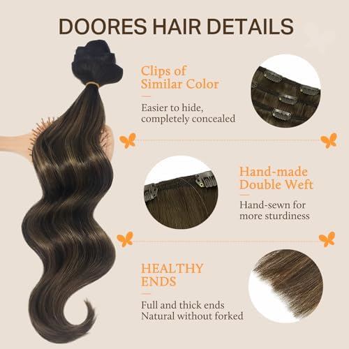 DOORES Human Hair Clip in Extensions, Balayage Dark Brown to Chestnut Brown 14 Inch 9pcs 150g, Hair Extensions Real Human Hair Clip ins Remy Hair Extensions Clip in Human Hair Straight Thick