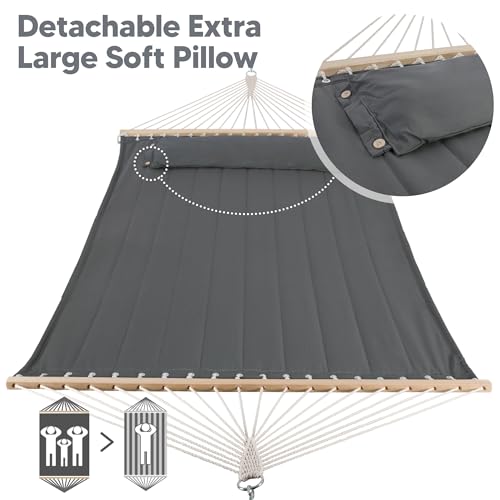 Image of SUNCREAT Portable Tree Hammock with Hardwood Spreader Bar, Extra Large Soft Pillow, Heavy Duty 2 Person Hammock for Indoor, Outdoor, Gray