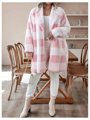 Image of SOLY HUX Women's Plus Size Plaid Cardigan Fuzzy Fleece Lapel Open Front Long Sleeve Outerwear Coat Pink Plaid XX-Large Plus