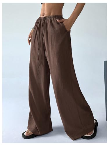 SHENHE Women's Drawstring Tie Front Straight Leg Pants Wide Leg Elastic Waist Pants3