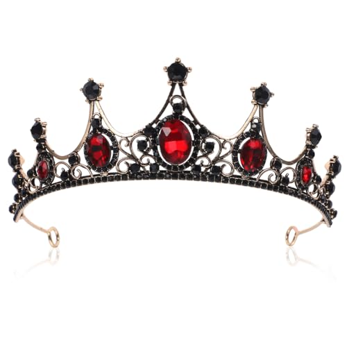 Barock Schwarze Krone Damen Tiara Mit Roten Steinen Hochzeit Braut Diadem Haarschmuck Legierung Eleganter Schwarzer Kopfschmuck FüR Fasching Party...