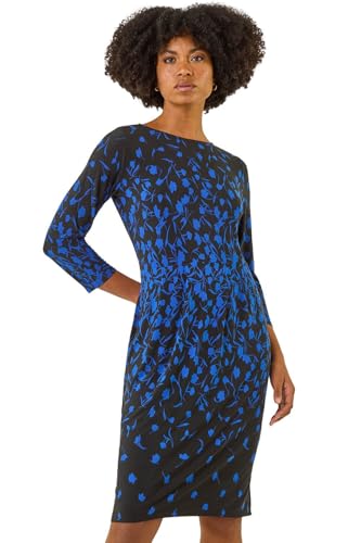 Roman Shift Dress with Pockets for Women UK - Ladies Summer Autumn Winter Smart Casual Work Short 3/4 Sleeve Tunic Knee Length Pleated Gathered Waist Tea Loose - Royal Blue - Size 16