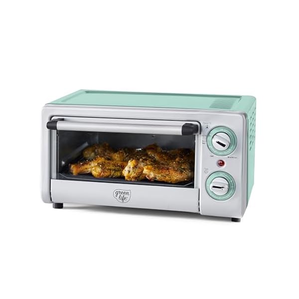 GreenLife Countertop Toaster Oven Air Fryer Stainless Steel, Healthy Ceramic Nonstick, PFAS and PFOA-Free, Tray & Basket, Bake, Broil, Reheat, Adjustable Temp & Time Control, Auto Shutoff, Turquoise