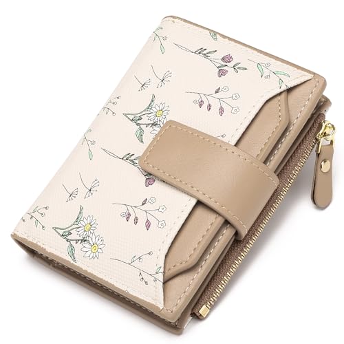 Image of GAEKEAO Small Wallets Woman RFID Blocking Vegan Leather Bifold Floral Ladies Compact Card Holder with Zipper Pocket ID Window