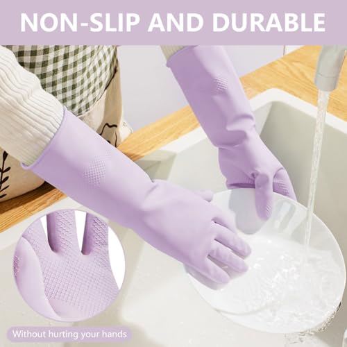 AUAUY 3Par Reutilizables Guantes Limpieza Hogar, Antideslizantes Guantes Limpieza Sin Olor, Impermeables Guantes Largos con Palma en Relieve para Limpieza Cocina, LavanderíA (Verde+Naranja+Morado, S) - imagen 7
