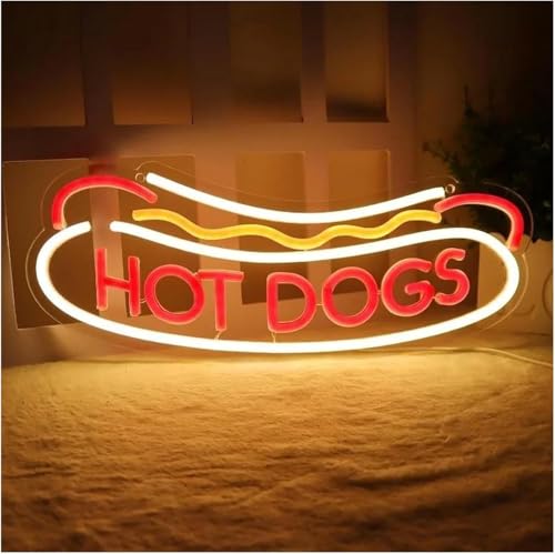 Enseigne lumineuse au néon HOT-DOGS compacte de 16 x 40 cm au design rétro