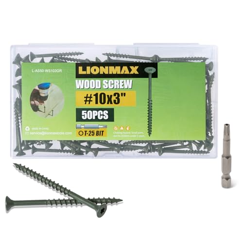 Image of LIONMAX Deck Screws 3 Inch, Wood Screws #10 x 3, 50 PCS, Rust Resistant, Exterior Epoxy Coated, Outdoor Decking Screws, Torx /Star Drive Head Screw, T25 Star Bit Included, Green