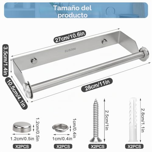Miniatura 5 de Portarrollos Cocina Papel Pared En Acero Inoxidable, Porta Rollos De Papel Higienico, Soporte Para Colgador Papel Cocina Y Baño Para Guardar Film Plástico O Toallas- Plateado, 28cm