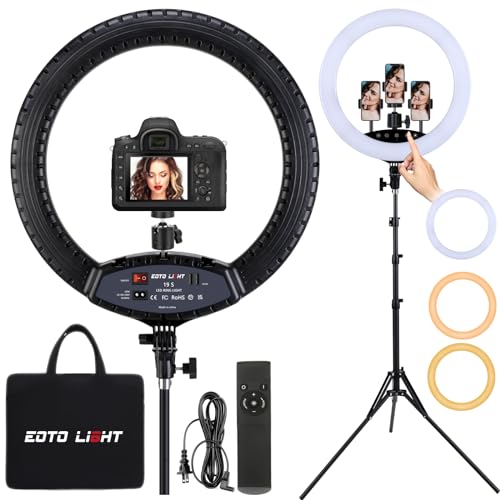 19 inch LED Ring Light with Tripod Stand Selfie Ring Light, LCD Display Touch Screen, Dimmable Light for Makeup Studio Portrait Vlog Video Shooting with Carrying Bag and Remote Controller, CRI>97
