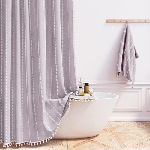 BTTN Boho Farmhouse Shower Curtain, Linen Rustic Weighted Striped Fabric with Tassel, Water Repellent, Modern Bohemian Vintage Country Cloth for Bathroom, Lavender, 72x72