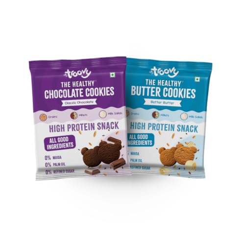 Image of Troovy Healthy Cookies Duo Value Pack (Pack of 10) | Made with goodness of Millets, Jowar, Ragi and Whole Wheat | All Natural Ingredients | Made with Jaggery, No Processed Sugar | Chocolate (80gm x 5) | Butter (80gm x 5)