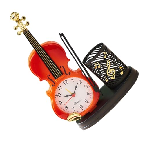 DECORNIJIA レトロな小型バイオリン置時計 ペン立て付きデスク飾り 学生やバイオリン愛好家への に クリスマスプレゼントやオーナメントにも