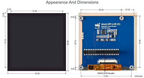 Image of waveshare 4inch DPI Touch Screen LCD (C) for Raspberry Pi 4B /3B+ /3B /2B /Zero /Zero 2 W /2 WH, 720x720 IPS Square Display Toughened Glass Cover Refresh Rate up to 60Hz