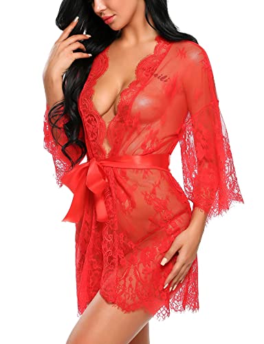 ADOME Lingerie pour femme Kimono sexy en dentelle Babydoll Lingerie avec cordon G, rouge, S Cover