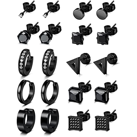 KALVICA 10 Pairs Mens Black Stud Earrings Stainless Steel Stud Earrings Black Hoop Earrings Round Stud Earrings 18G Cartilage Piercings Punk Mens Earrings Jewellery Set Cover