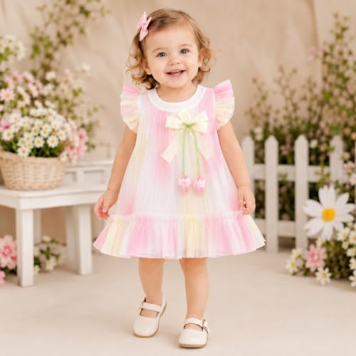Image of Bold N Elegant Baby Girls Mesh Party Dress with Bow & Tulip Tassels | Soft layered mesh & tulle fabric for an elegant princess look | Ideal for birthdays, weddings, parties & festive occasions