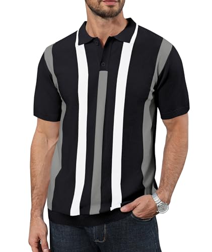 Ryehack Mens Casual Polo Shirts Knit Short Sleeve Vintage Striped Button T-Shirt Slim Fit Golf Vacation Shirt