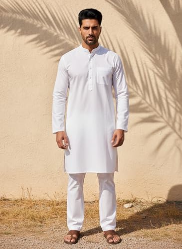 Image of Men's Solid Regular Fit Ethnic Wear White Kurta Pajama Set with Front Pocket