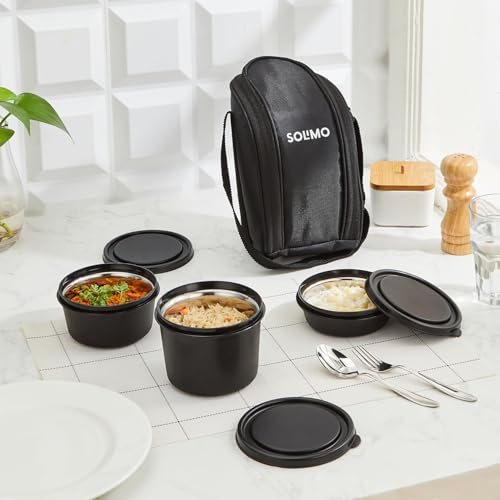 Amazon Brand - Solimo Lunch Box Set with Bag (Office, School & Travel) | 3 Steel Inner Containers (250 ml, 400 ml, and 550 ml) with Cutlery | Microwav
