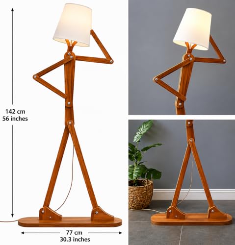 Image of Modern Wooden Adjustable Swing Arm Floor Lamp with Fabric Shade | Nordic Designer Standing Light for Living Room, Bedroom & Office | Walnut Finish Decorative Lighting