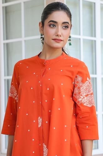Image of Janasya Women's Orange Pure Cotton Floral Printed Flared Tunic