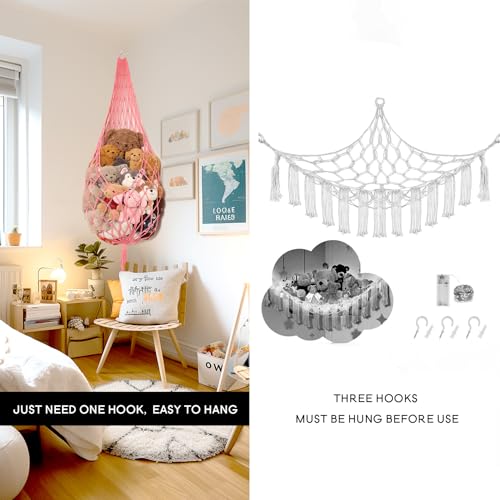 Image of Amdermi Stuffed Animal Net or Hammock Corner Hanging Net for Stuffy Animal Storage Macrame Toy Display Plush Toy Holder Wall Pet Net for Nursery Kid Bedroom Decor Playroom Organizer (Pink XL)
